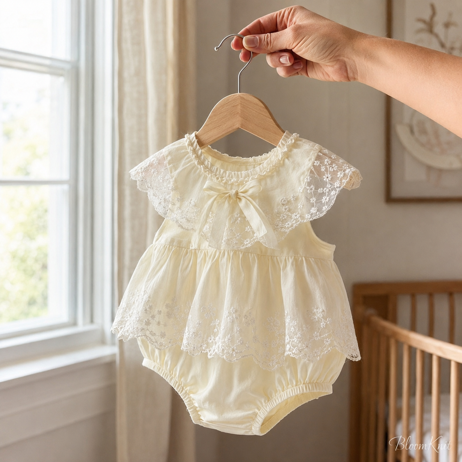 Ivory Lace Baby Romper Dress, Bow Collar Christening and First Birthday Outfit – 04 nursery hanger