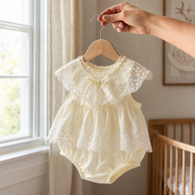 Ivory Lace Baby Romper Dress, Bow Collar Christening and First Birthday Outfit