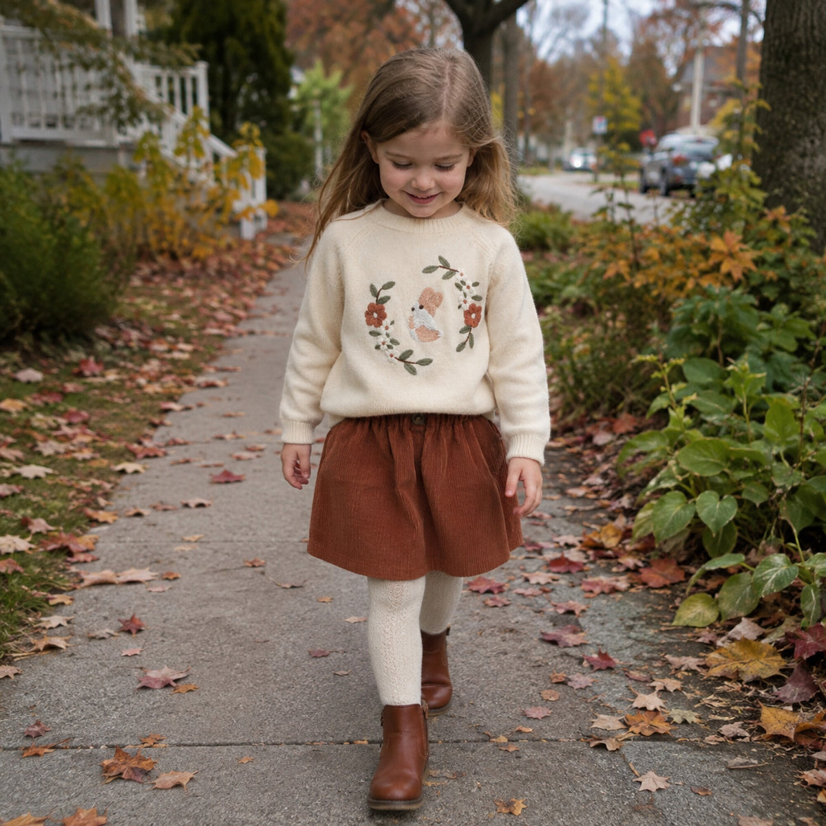 Older girl wearing the cream bunny sweater with cream tights outdoors in autumn