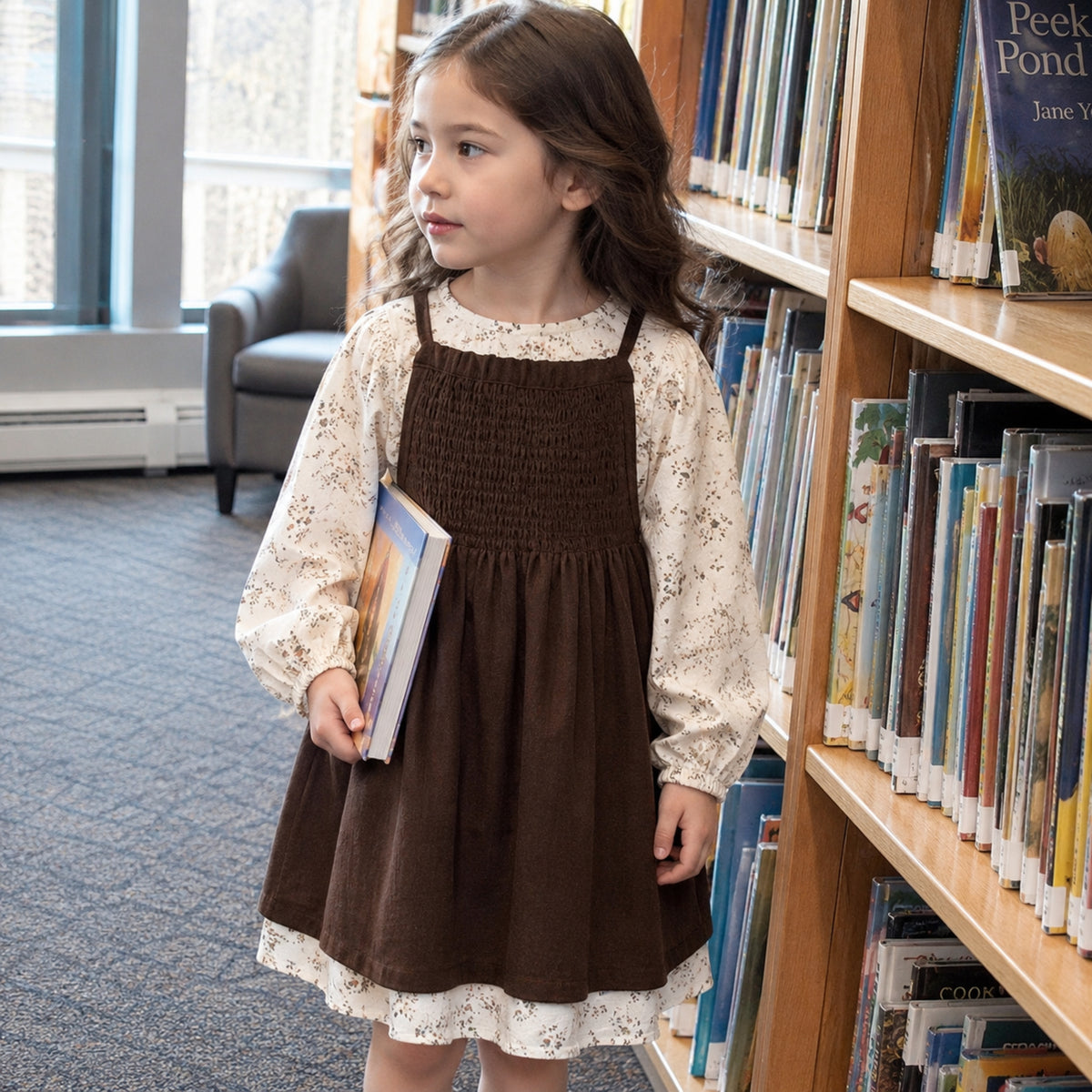 Older girl wearing the brown floral two-piece outfit in a library