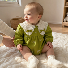 Green Embroidered Baby Romper or Dress with Ivory Lace Collar and Long Sleeves