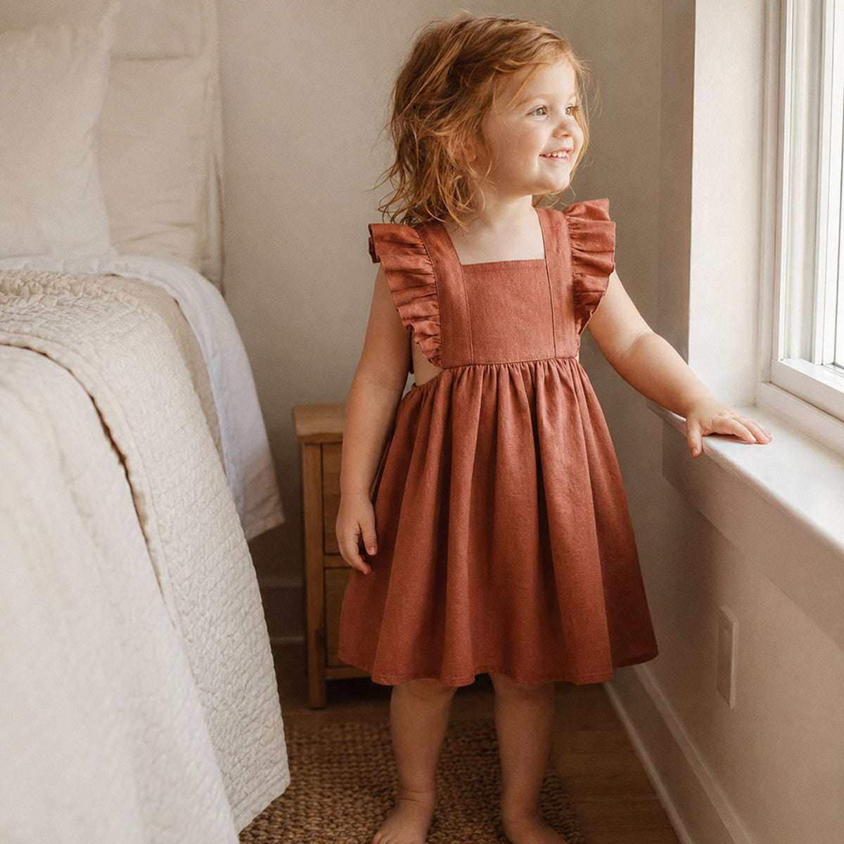 Terracotta cotton linen girls sundress