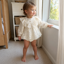 Ivory Lace Baby Romper Dress, Pearl Collar Christening and First Birthday Outfit