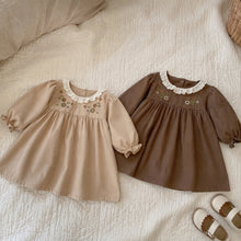 Girls Floral Peter Pan Collar Dress, Khaki or Brown Long Sleeve Fall Outfit