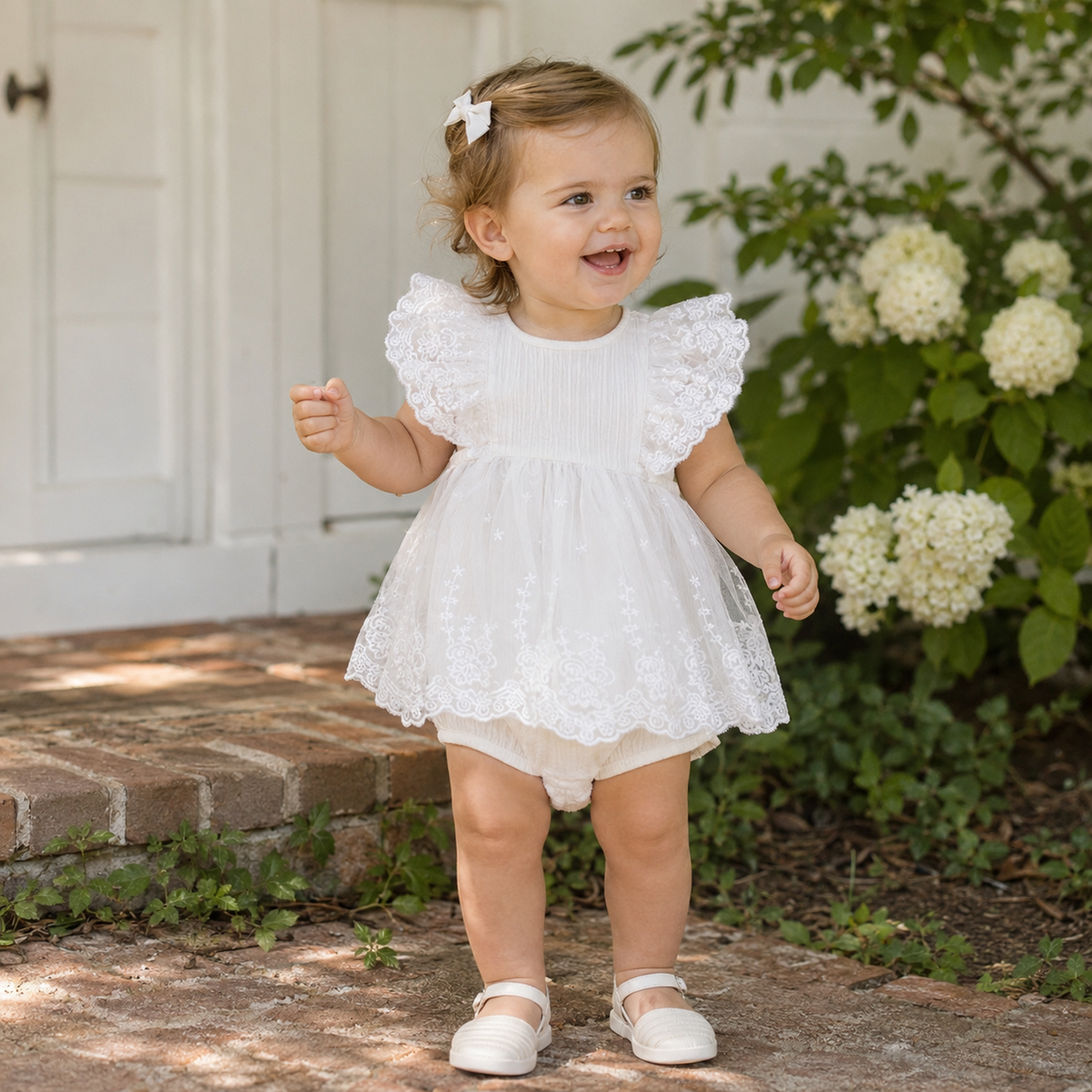 Toddler girl wearing a white embroidered romper dress outdoors