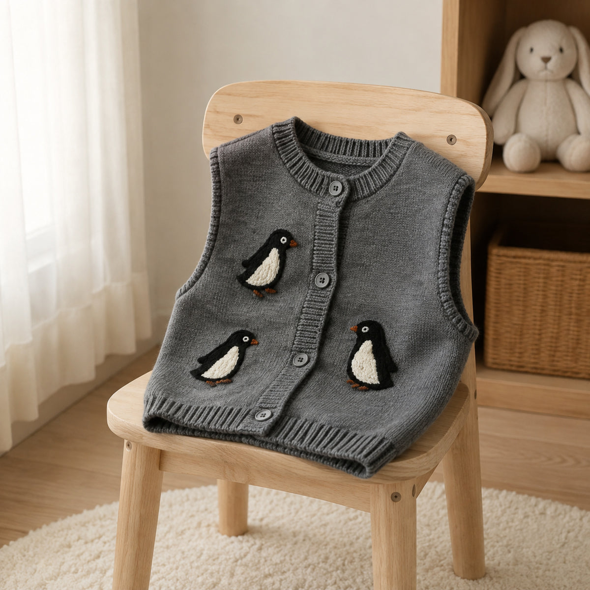 Charcoal sleeveless penguin knit vest draped on a small wooden chair