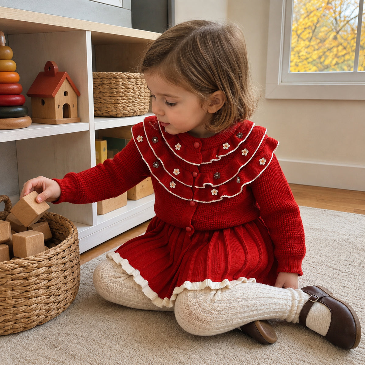 Toddler wearing red flower ruffle knit set with cream tights while playing
