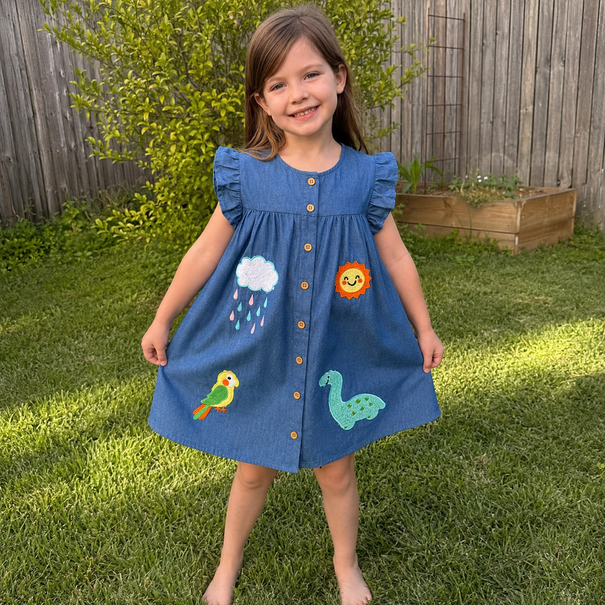 Young girl wearing a playful appliqué denim dress outdoors
