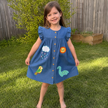 Girls Denim Dress with Ruffle Sleeves, Dinosaur and Weather Appliqué