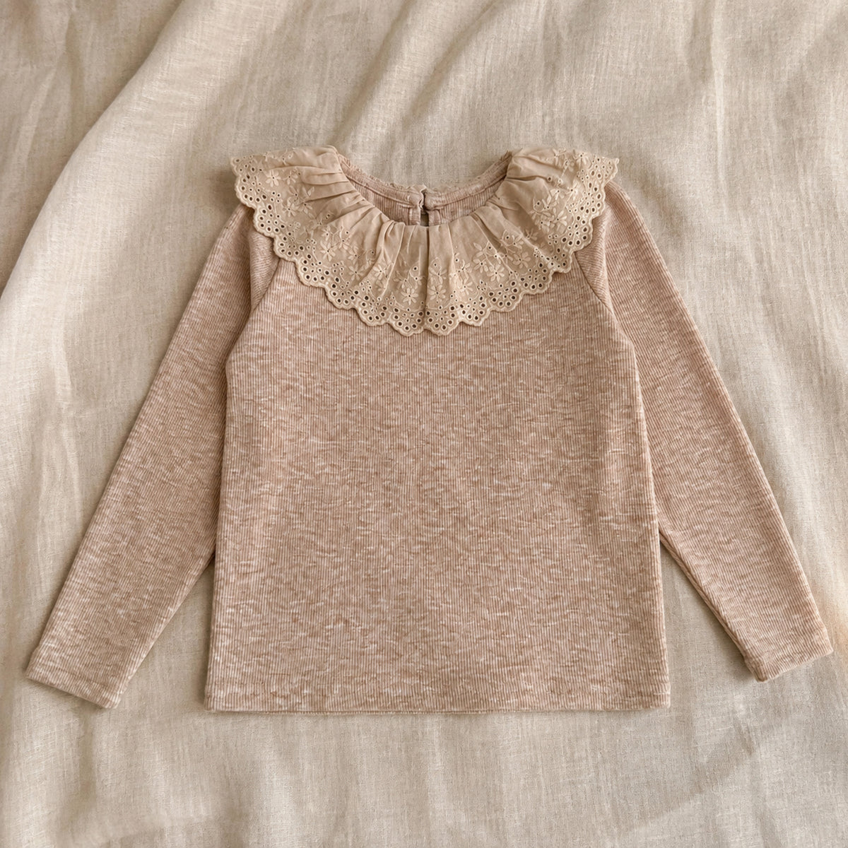 Oatmeal heathered long-sleeve girls top with oversized eyelet-lace collar