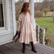 Girls Pink Rose Floral Puff Sleeve Midi Dress, Cottagecore Fall Princess Dress