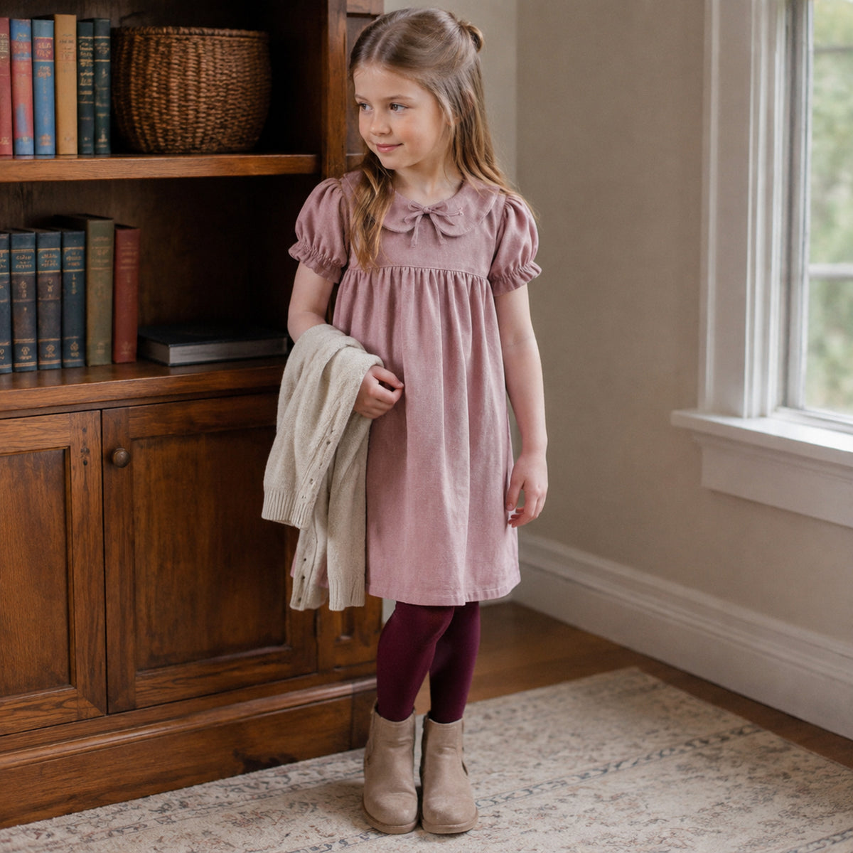 Older girl wearing the dusty mauve rustic dress with burgundy tights
