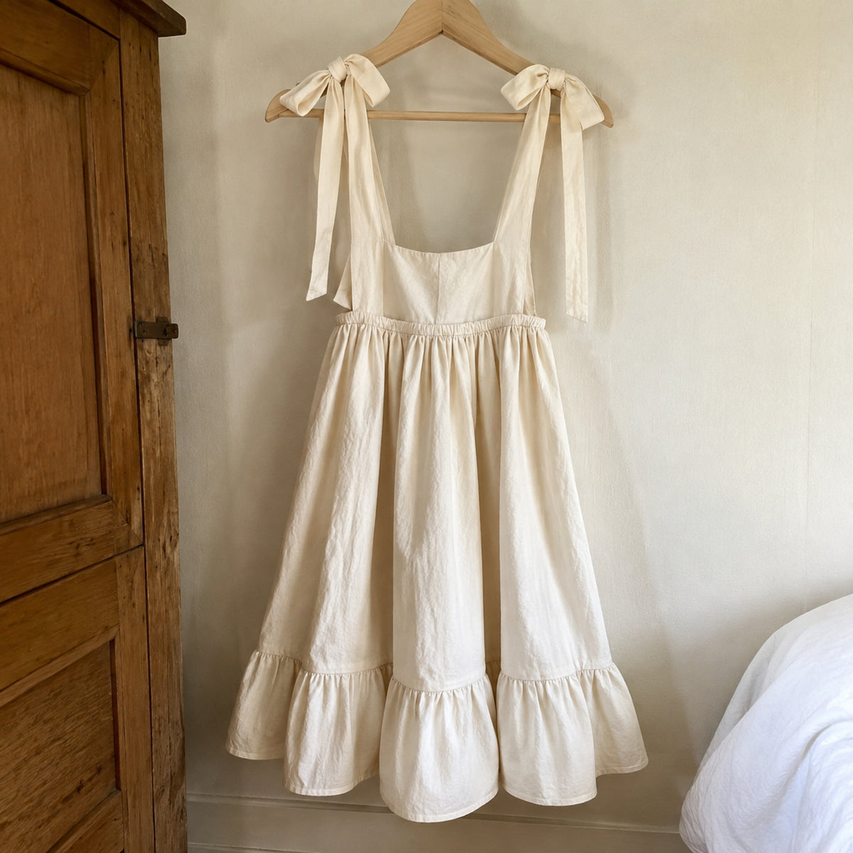 Back view of ivory girls open-back maxi dress with long shoulder ties and ruffle hem