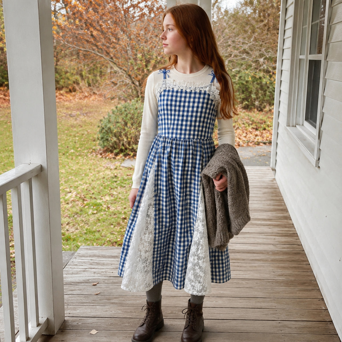 Teen girl wearing blue gingham lace dress with a cream knit top on an autumn porch
