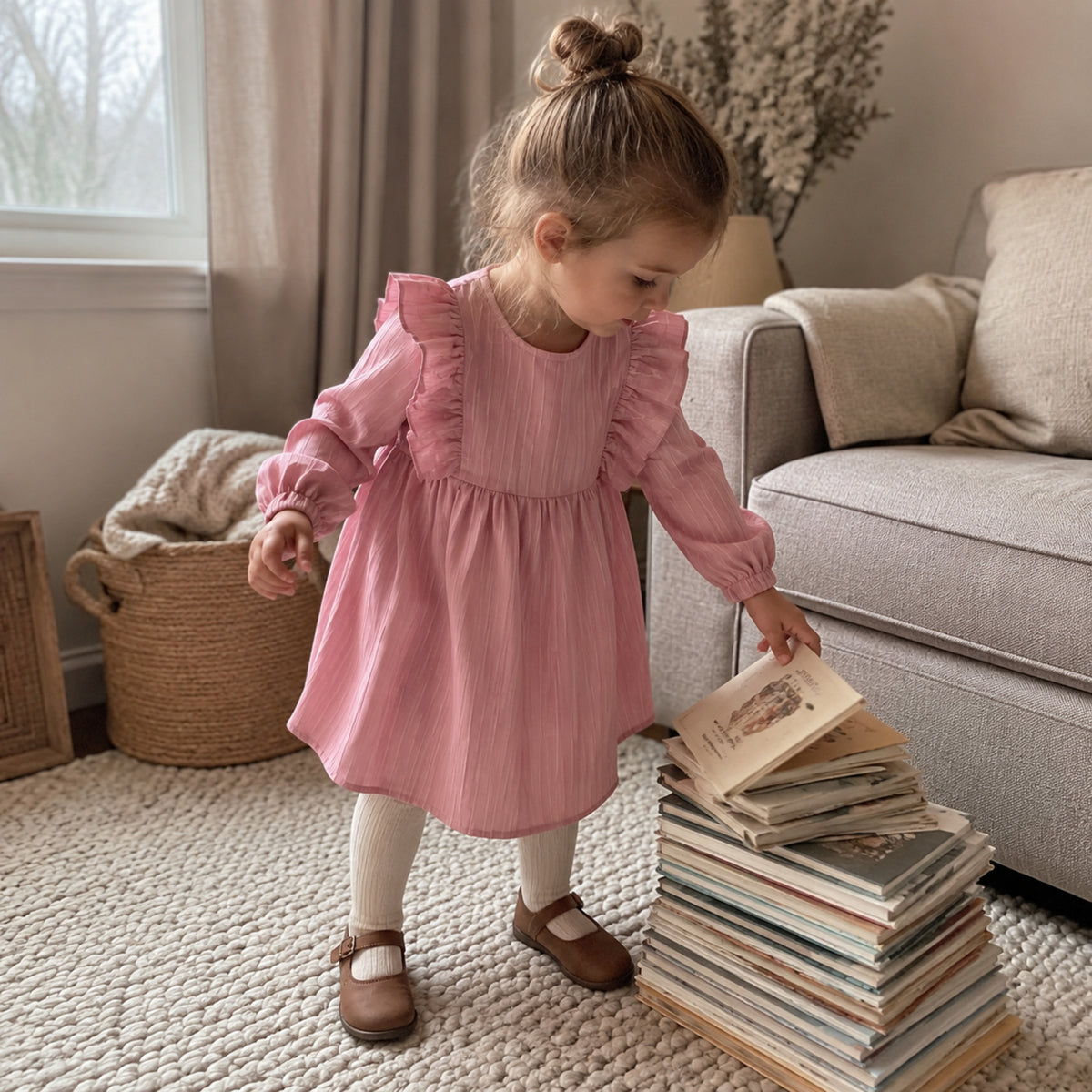 Toddler wearing dusty pink vintage dress with cream tights at home