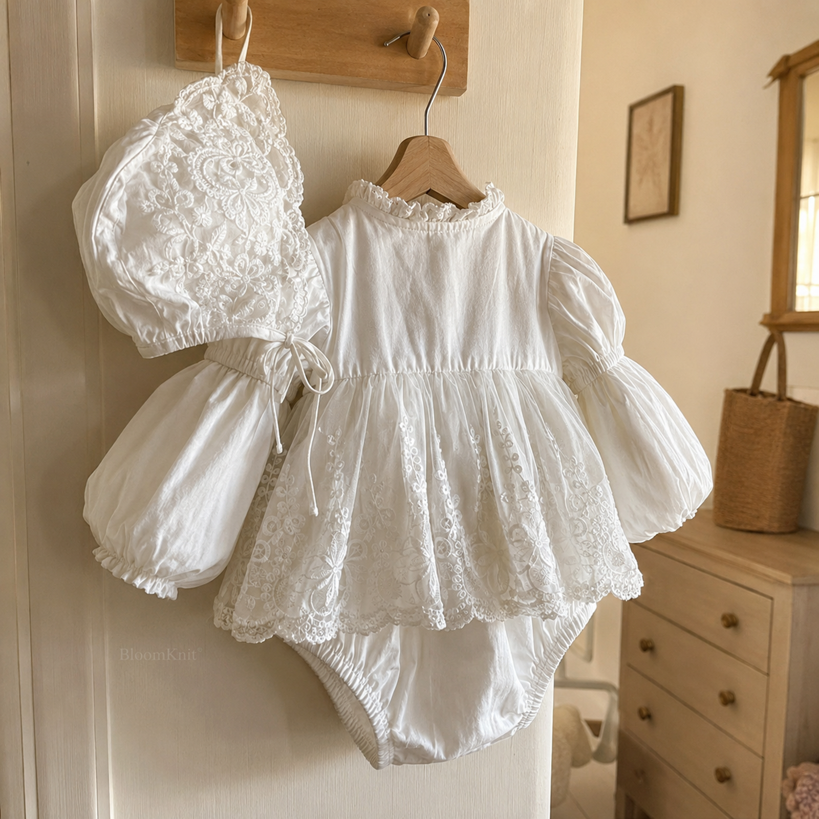 White Lace Baby Romper Dress, Long Sleeve Christening Outfit with Matching Bonnet – 05 back view