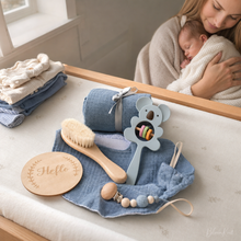 Newborn Baby Gift Box, Crochet Animal Rattle, Muslin Blanket, Pacifier Clip and Brush