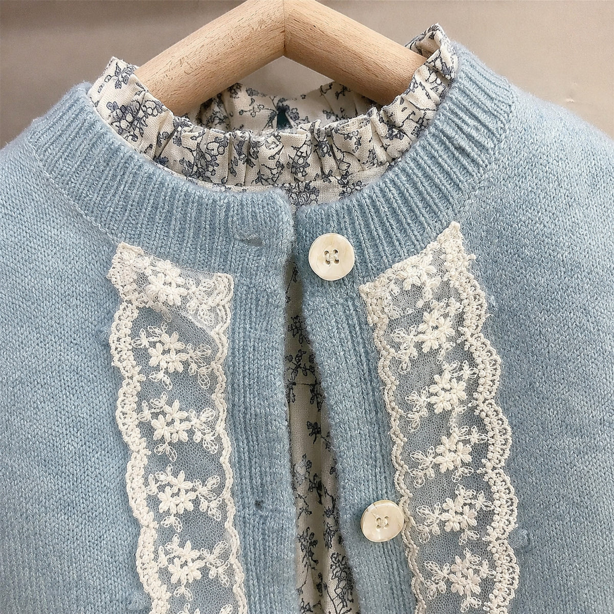 Girls powder blue lace cardigan and ivory blue floral long sleeve dress - collar and bodice detail
