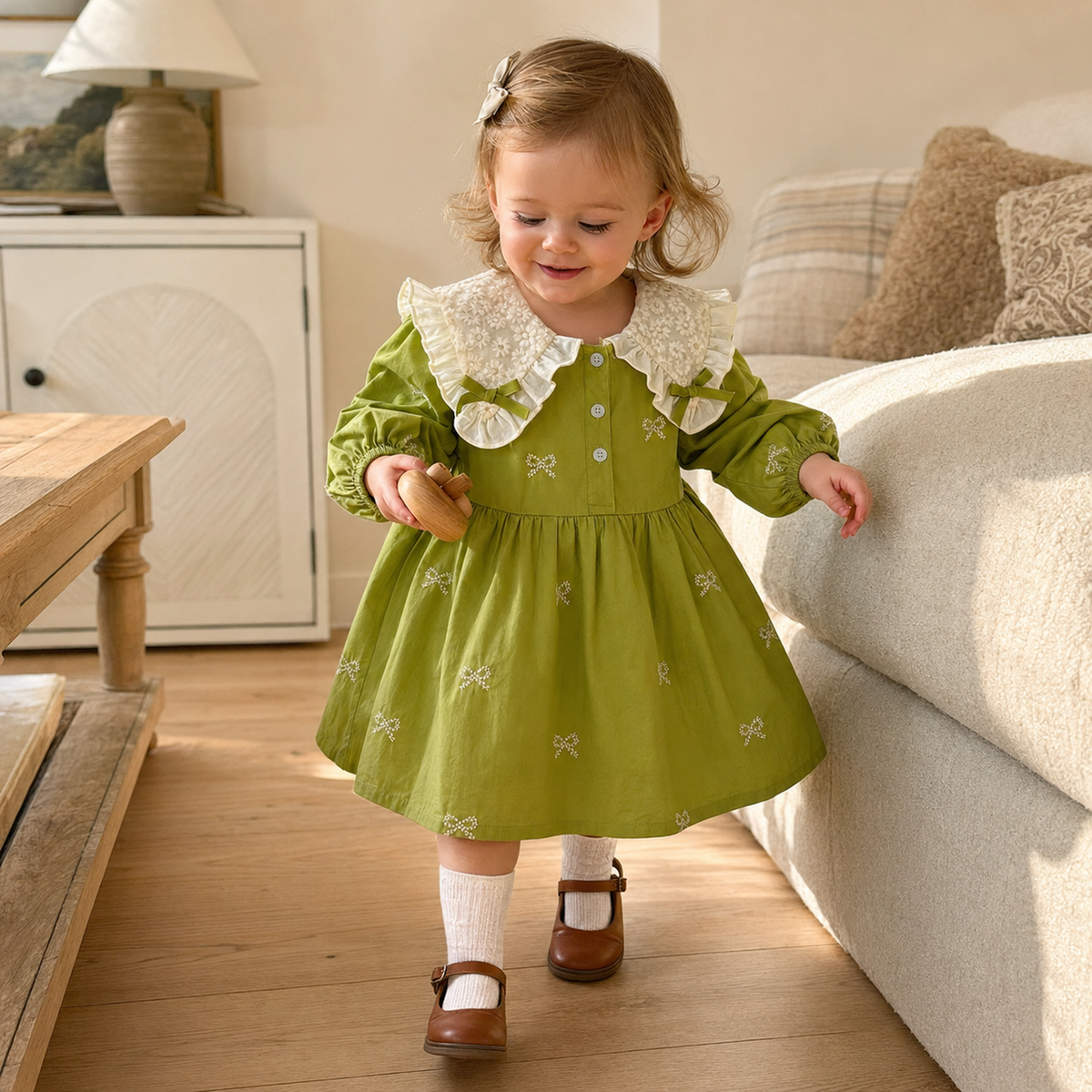 Toddler wearing green embroidered lace collar dress