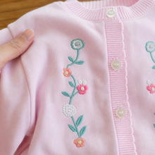 Pink Floral Embroidered Girls Cardigan, Lightweight Cotton Knit Toddler Sweater Gift