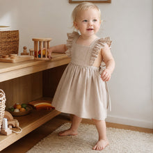 Girls Linen Pinafore Dress, Ruffle Strap Tie Back Toddler Sundress