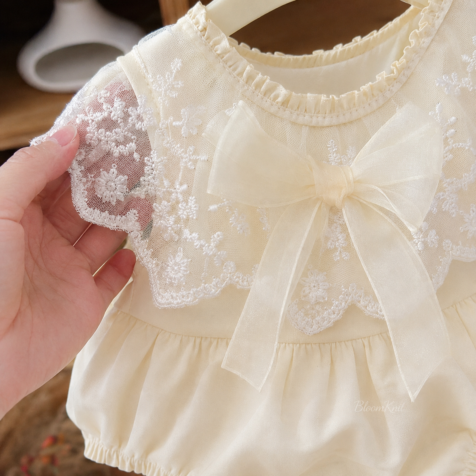 Ivory Lace Baby Romper Dress, Bow Collar Christening and First Birthday Outfit – 05 lace collar bow closeup