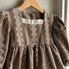 Girls Taupe Floral Puff Sleeve Dress with Square Neck and Ruffle Hem