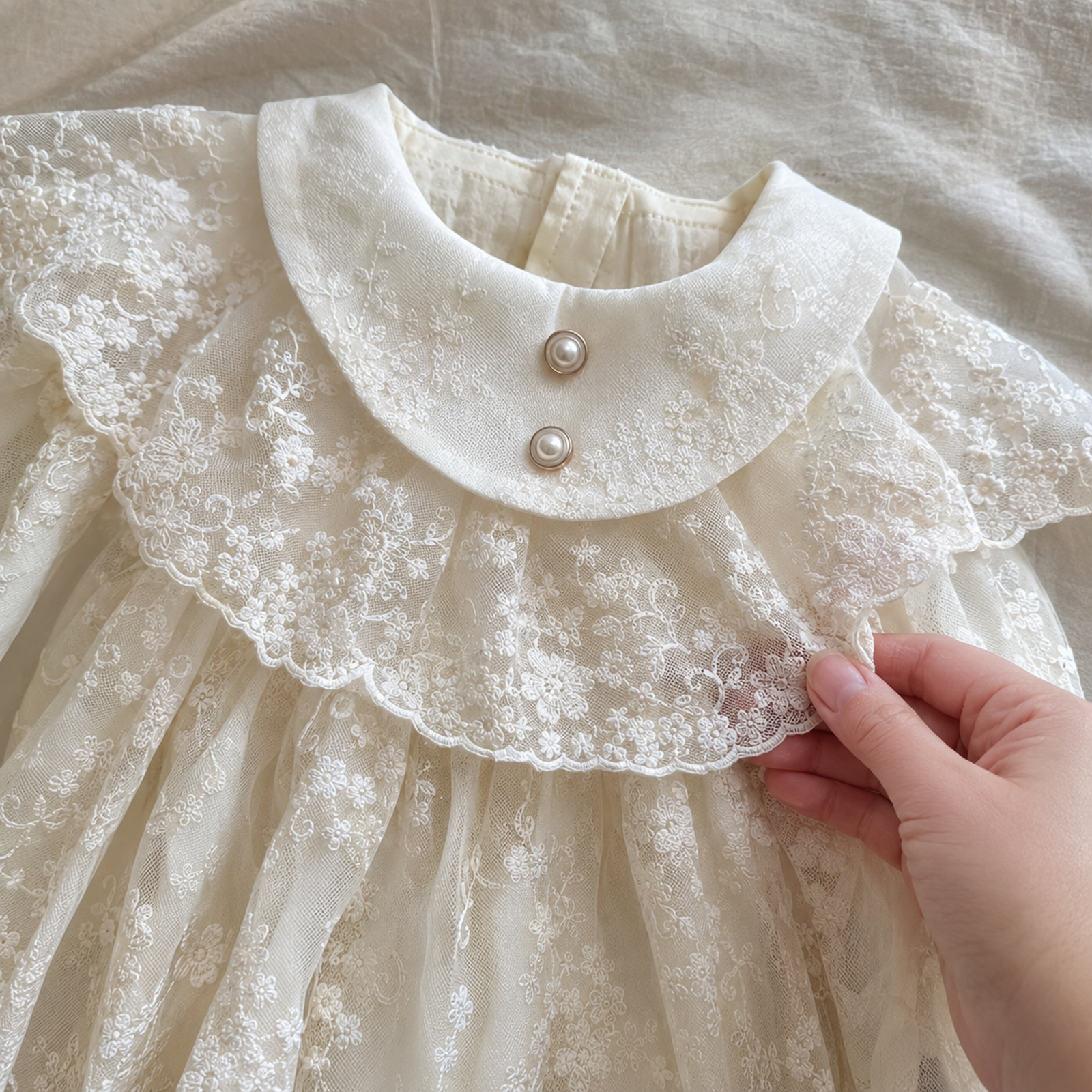 Ivory Lace Baby Romper Dress, Pearl Collar Christening and First Birthday Outfit – 05 pearl collar closeup