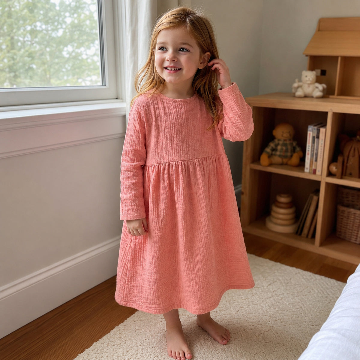 Dusty pink cotton gauze girls dress at home