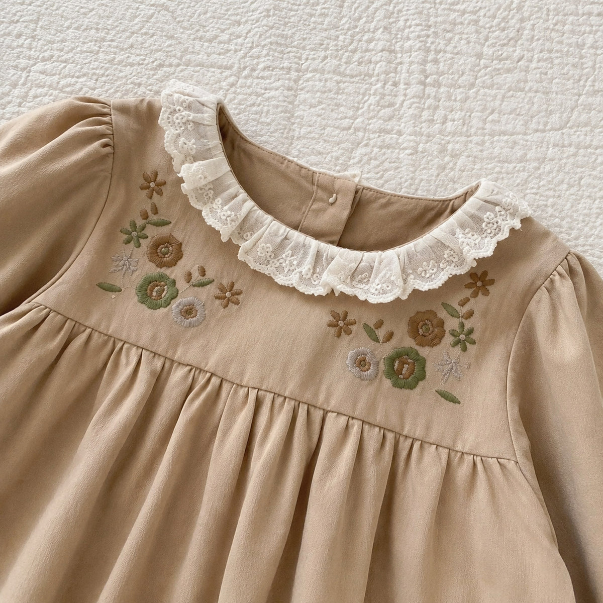 Girls khaki and brown floral Peter Pan collar long sleeve fall dress - collar and bodice detail
