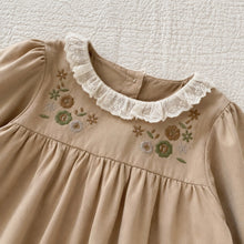 Girls Floral Peter Pan Collar Dress, Khaki or Brown Long Sleeve Fall Outfit