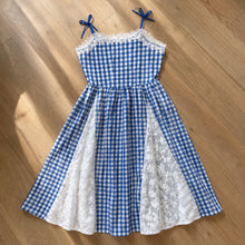Girls Blue Gingham Maxi Dress with White Floral Lace, Fall Layering Dress