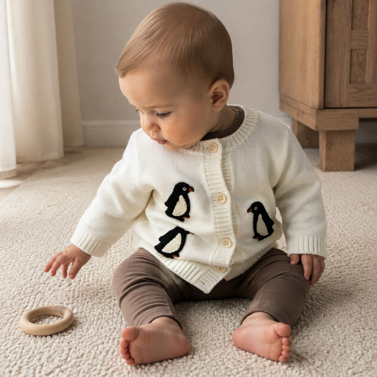 Baby wearing ivory penguin cardigan over a cocoa outfit at home