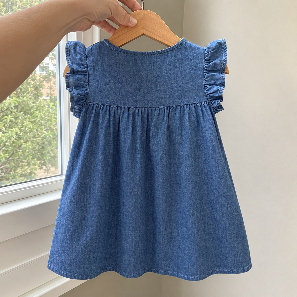 Plain back of girls navy chambray A-line dress