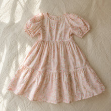 Girls Pink Rose Floral Puff Sleeve Midi Dress, Cottagecore Fall Princess Dress