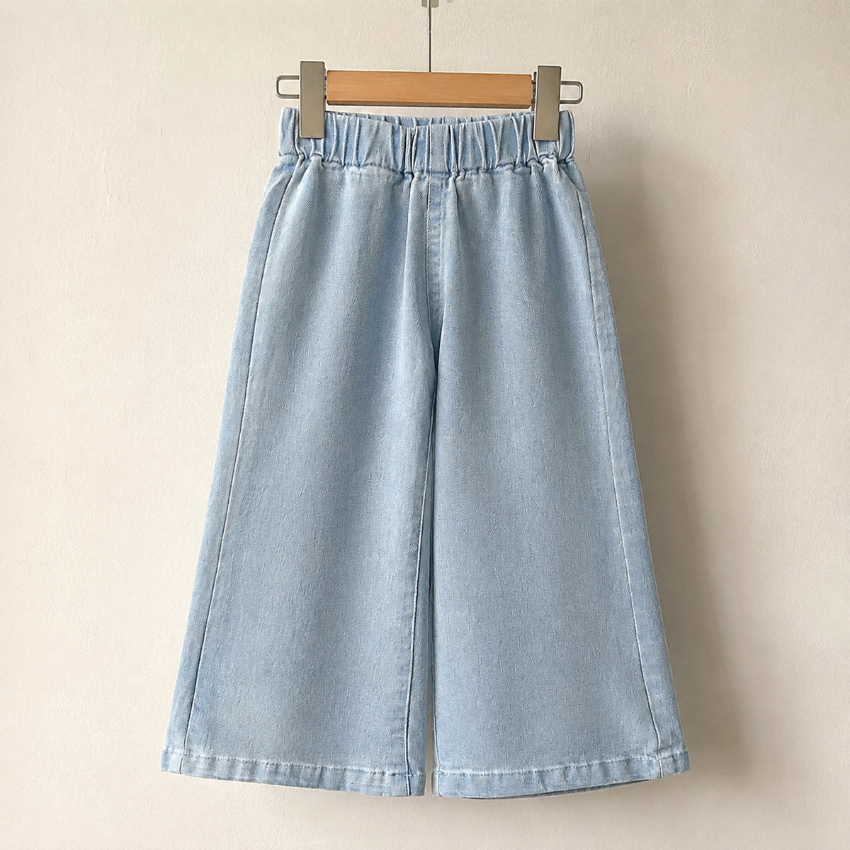 Light-wash elastic-waist denim bell-bottom pants for girls