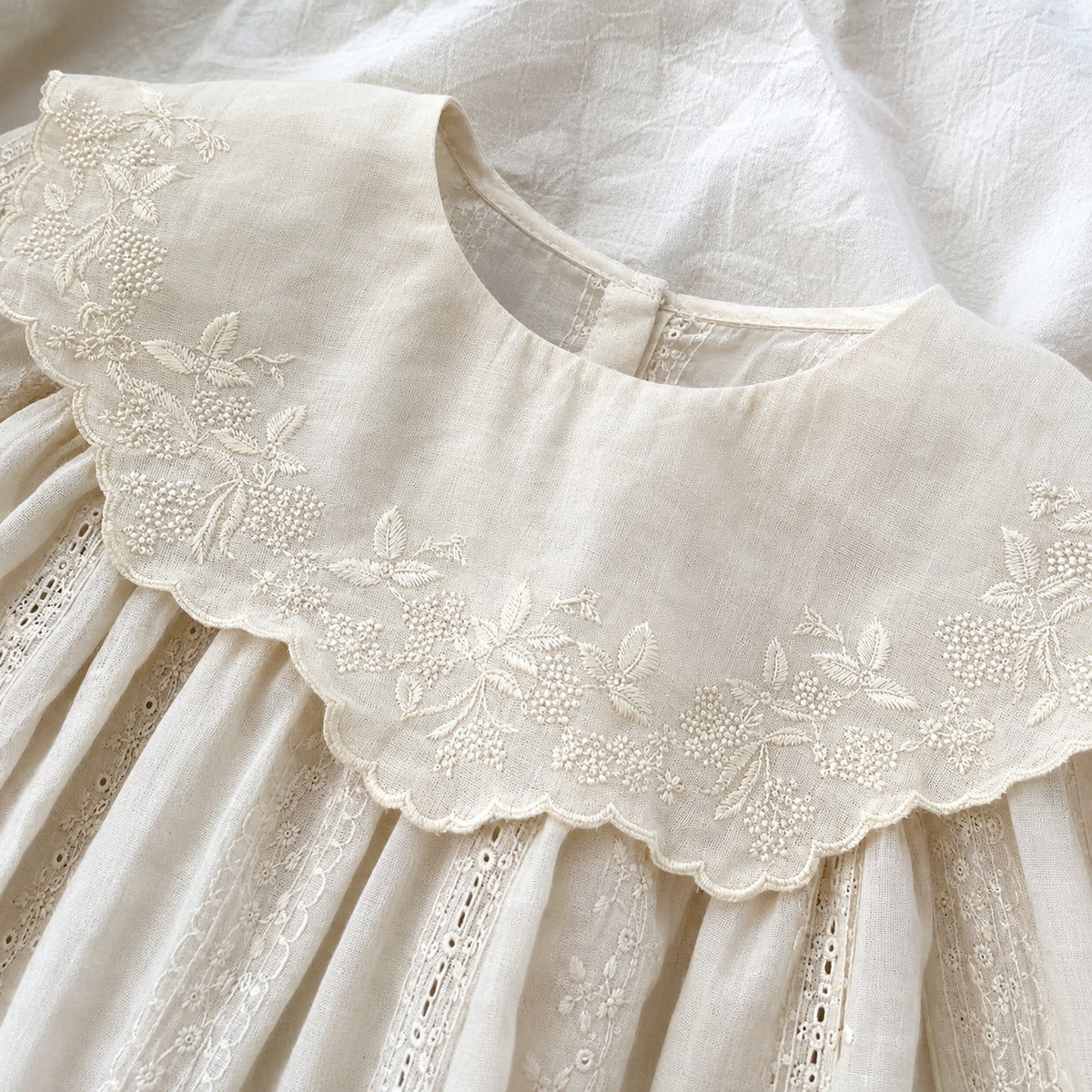 Close-up of the oversized scalloped floral embroidered collar