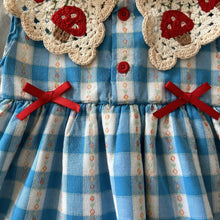 Baby Blue Gingham Romper Dress with Crochet Strawberry Collar and Red Bows