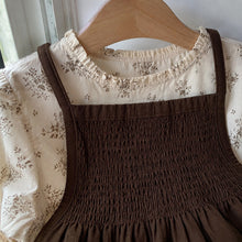 Girls Brown Smocked Pinafore and Floral Long Sleeve Dress, 2-Piece Fall Set
