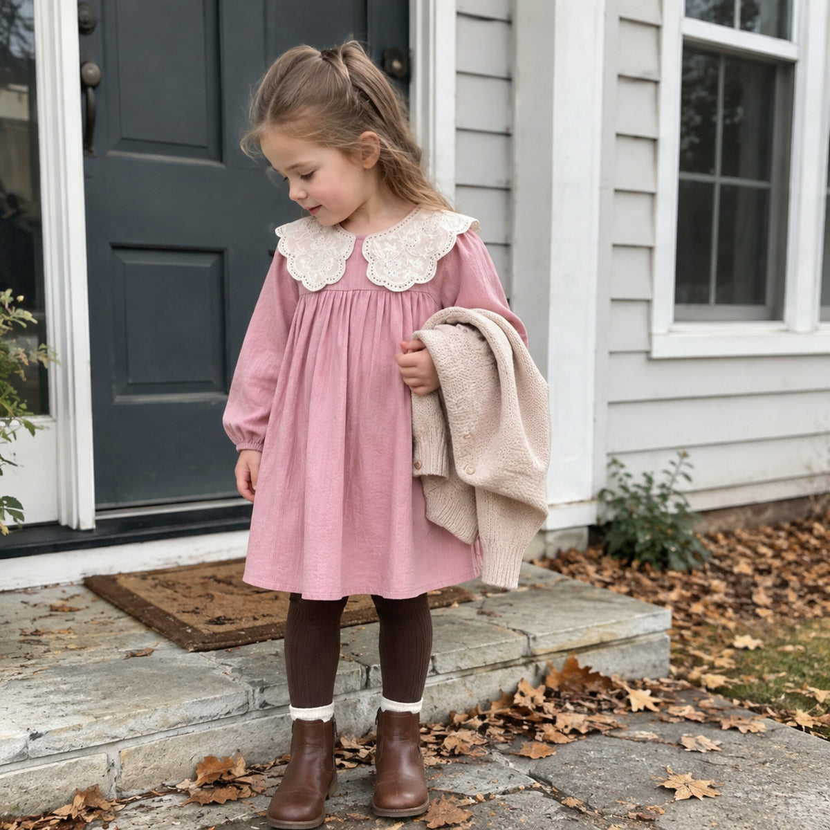 Older girl wearing the dusty rose dress with cocoa tights on an autumn porch