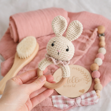 Newborn Baby Gift Box, Crochet Animal Rattle, Muslin Blanket, Pacifier Clip and Brush