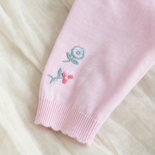 Pink Floral Embroidered Girls Cardigan, Lightweight Cotton Knit Toddler Sweater Gift