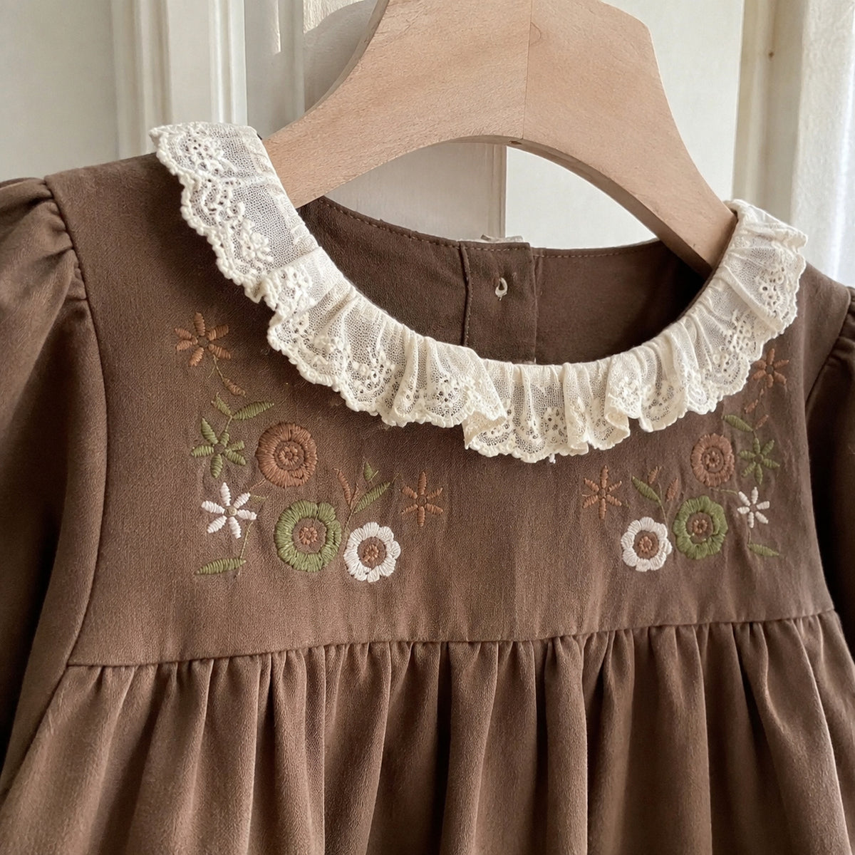 Girls khaki and brown floral Peter Pan collar long sleeve fall dress - fabric and trim close-up