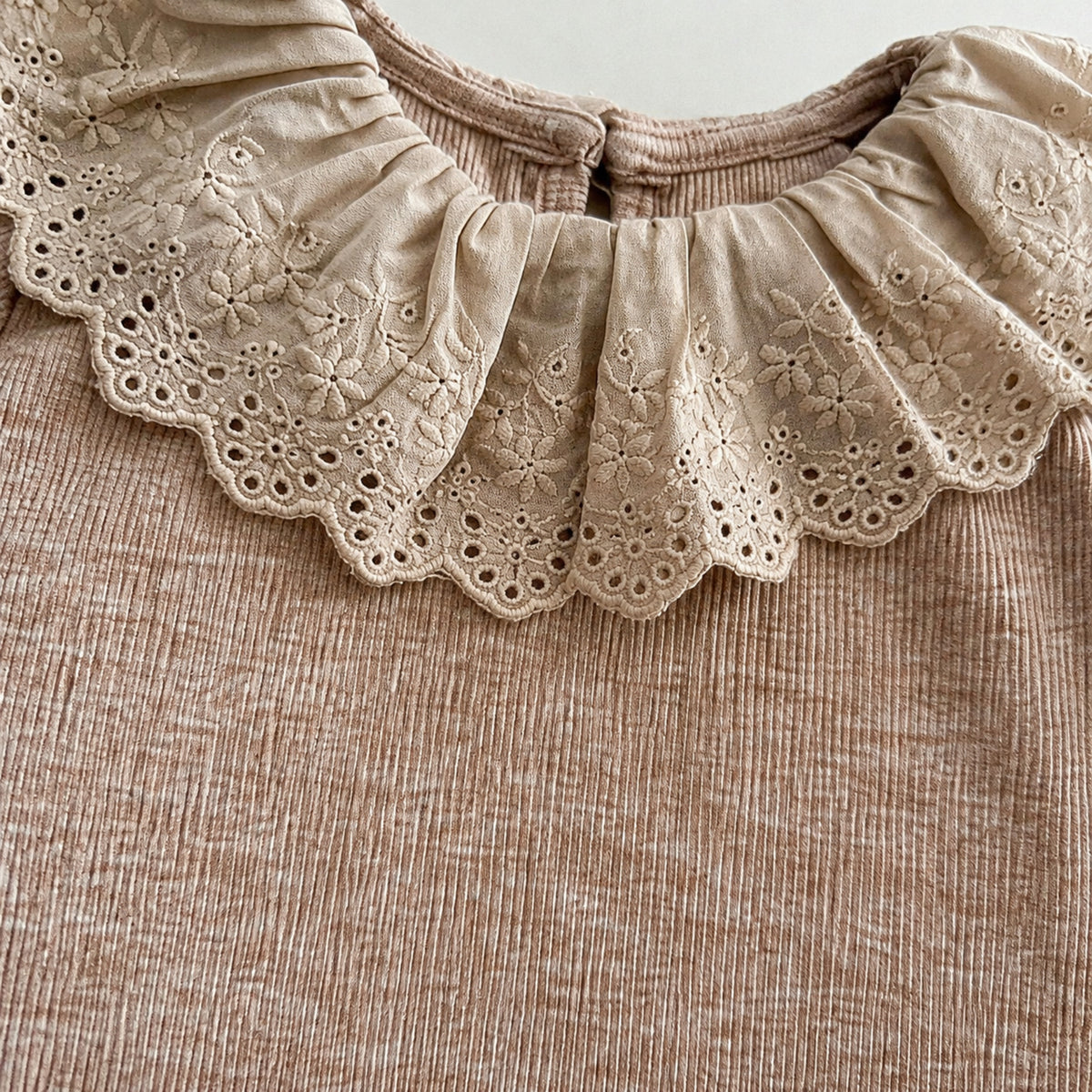 Close-up of the oatmeal top oversized cream eyelet-lace ruffle collar