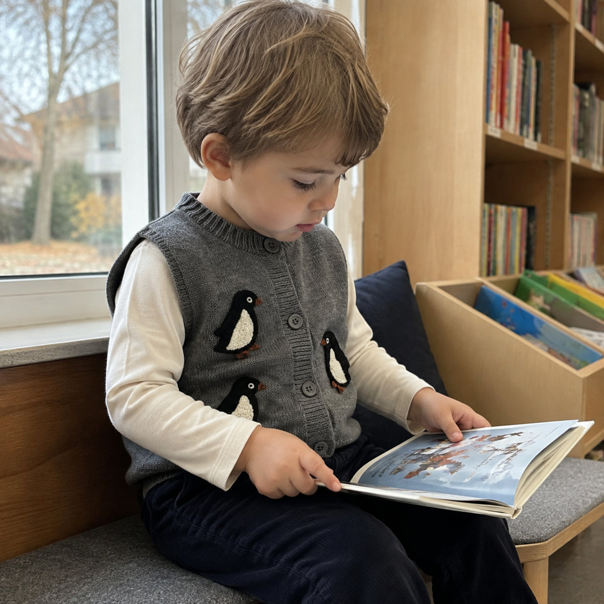Toddler wearing charcoal penguin vest over an ivory shirt while reading