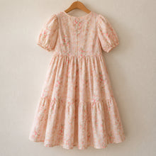 Girls Pink Rose Floral Puff Sleeve Midi Dress, Cottagecore Fall Princess Dress