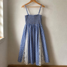 Girls Blue Gingham Maxi Dress with White Floral Lace, Fall Layering Dress