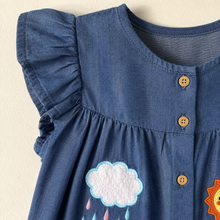 Girls Denim Dress with Ruffle Sleeves, Dinosaur and Weather Appliqué