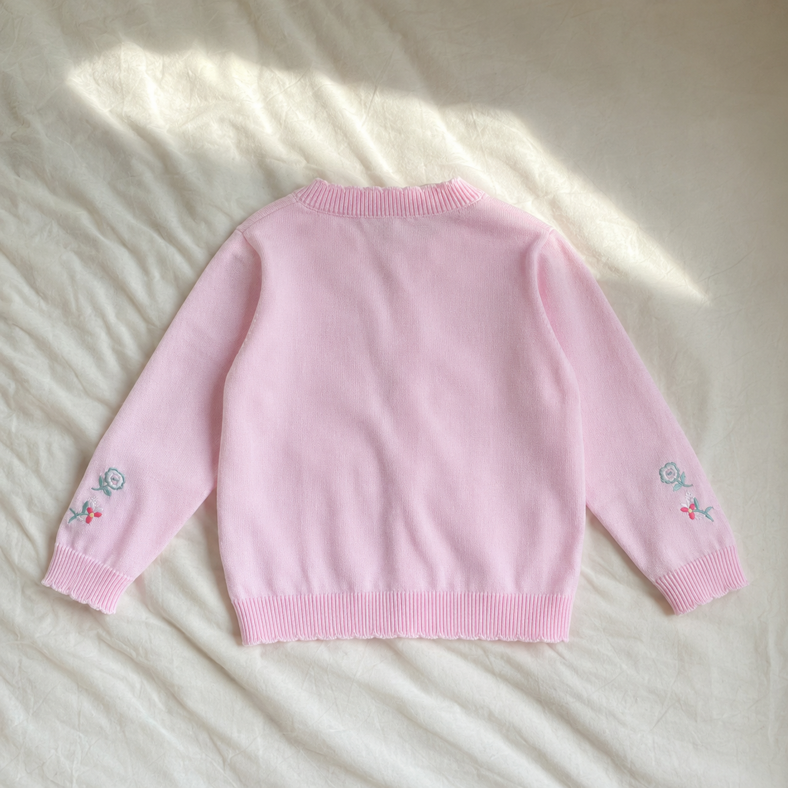 Pink Floral Embroidered Girls Cardigan, Lightweight Cotton Knit Toddler Sweater Gift – 07 back view