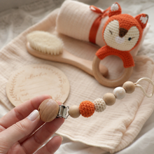 Newborn Baby Gift Box, Crochet Animal Rattle, Muslin Blanket, Pacifier Clip and Brush